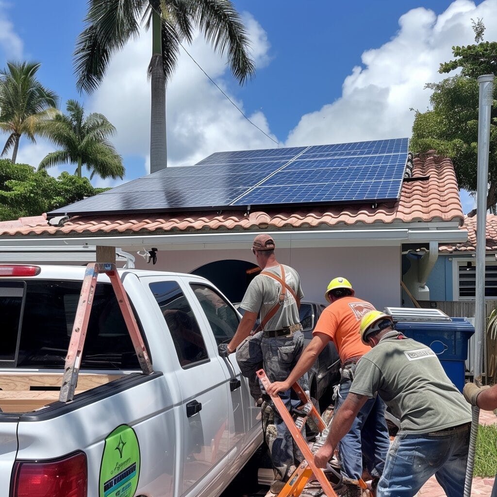 Employees working on a residential home in Miami for solar panels Miami solar install shot 2