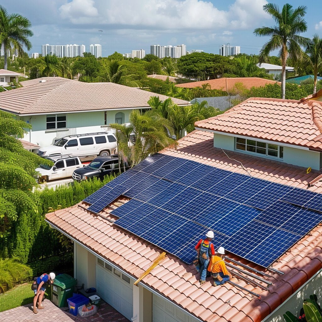 Employees working on a roof for solar panels Miami on a home for a recent solar power install_png